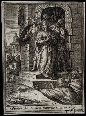 view Martyrdom of Saint Catherine. Line engraving by A. Wierix III.