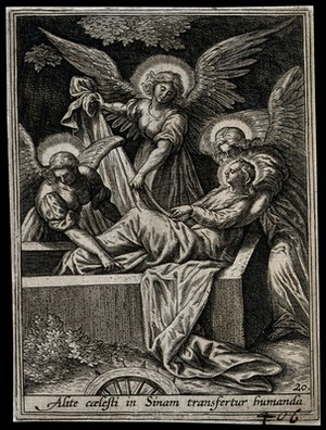 view Burial of Saint Catherine. Engraving by A. Wierix III.