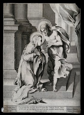 Saint Catherine of Siena: Christ invites her to kiss the wound in his side and drink his blood. Engraving by V. Salimbeni, 1588.