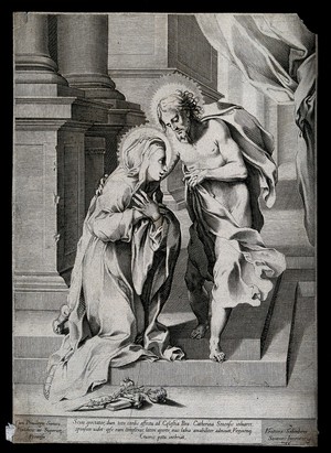 view Saint Catherine of Siena: Christ invites her to kiss the wound in his side and drink his blood. Engraving by V. Salimbeni, 1588.