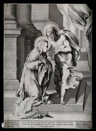 Saint Catherine of Siena: Christ invites her to kiss the wound in his side and drink his blood. Engraving by V. Salimbeni, 1588.