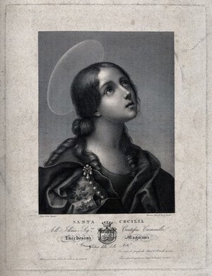 view Saint Cecilia. Line engraving V. Biondi after C. Dolci.