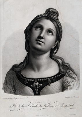 Saint Cecilia. Crayon manner print by N. Bertrand after E. Bourgeois after Raphael.