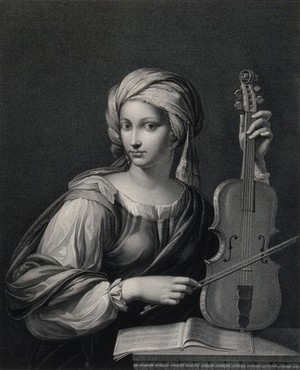 view Saint Cecilia. Line engraving by E.F. Lignon, 1812, after D. Zampieri, il Domenichino.