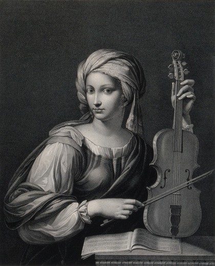 Saint Cecilia. Line engraving by E.F. Lignon, 1812, after D. Zampieri, il Domenichino.