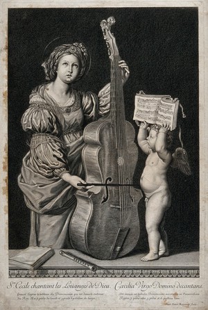 view Saint Cecilia. Line engraving by E. Picart after D. Zampieri, il Domenichino.