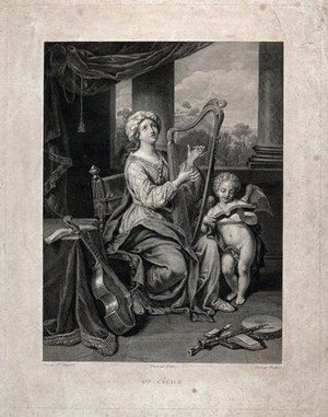 view Saint Cecilia. Engraving by J. Bouillard after Dubois after P. Mignard.