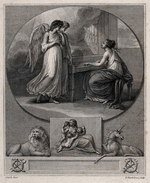 view Saint Cecilia. Line engraving by F. Bartolozzi after R. Smirke.