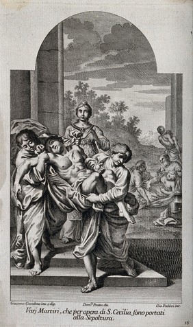 Saint Cecilia: she enables the bodies of Christian martyrs to be buried. Engraving by G. Fabbri after D.M. Fratta after G. Cavedone.