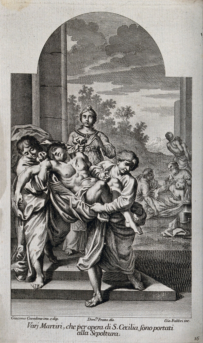 Saint Cecilia: she enables the bodies of Christian martyrs to be buried. Engraving by G. Fabbri after D.M. Fratta after G. Cavedone., 1776, by Giacomo Cavedone