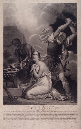 Saint Christine: she is flogged before being cut with red hot knives. Stipple engraving by Benard after C.A. Chasselat.