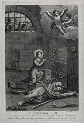 Saint Christine: she is condemned to be bitten by snakes in a prison cell, but persuades them not to attack her. Engraving by Niccolò Mellini after V. Pizzoli.