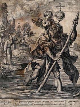 Saint Christopher. Engraving by G.B. Vrints, 1586, after H. Wierix after M. de Vos.