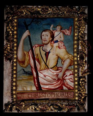 view Saint Christopher. Watercolour painting.