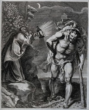 view Saint Christopher: watched by a hermit, he carries the Christ Child across a river. Etching by R. Eynhoudts after Sir P.P. Rubens.