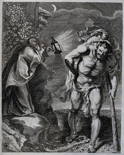 Saint Christopher: watched by a hermit, he carries the Christ Child across a river. Etching by R. Eynhoudts after Sir P.P. Rubens.