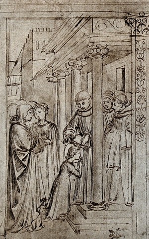 view Saint Rosa of Viterbo: her tonsure on entering the Franciscan order. Photogravure, 1907, after Benozzo Gozzoli, 1453.