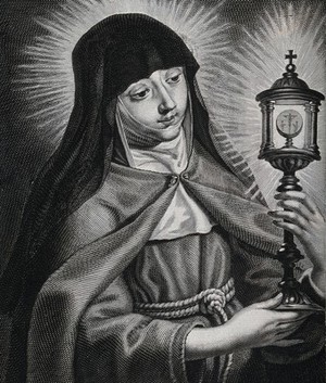 view Saint Clare of Assisi. Line engraving by J. Falck.