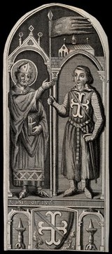Saint Denis presenting a standard to a crusader (Godefroi de Bouillon?). Engraving.