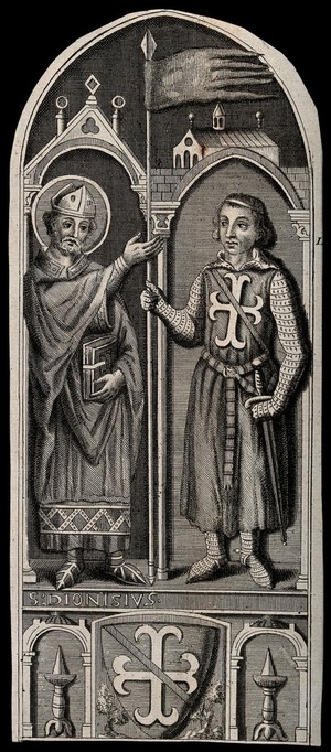 view Saint Denis presenting a standard to a crusader (Godefroi de Bouillon?). Engraving.