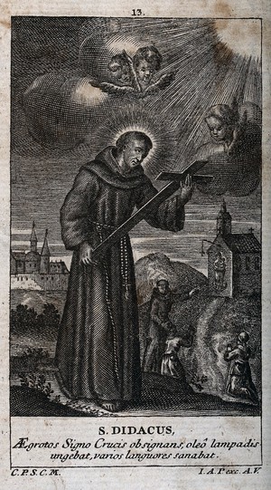 view Saint Diego of Alcalà (Saint Didacus). Engraving.