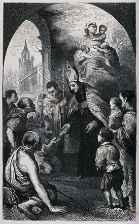 Saint Thomas of Villanova giving alms to the poor in Seville. Wood engraving by M. after B.E. Murillo.