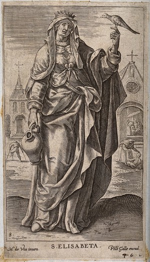 view Saint Elizabeth of Hungary. Line engraving by P. Galle after M. de Vos.