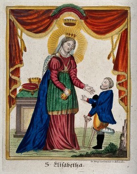 Saint Elizabeth of Hungary. Coloured engraving.