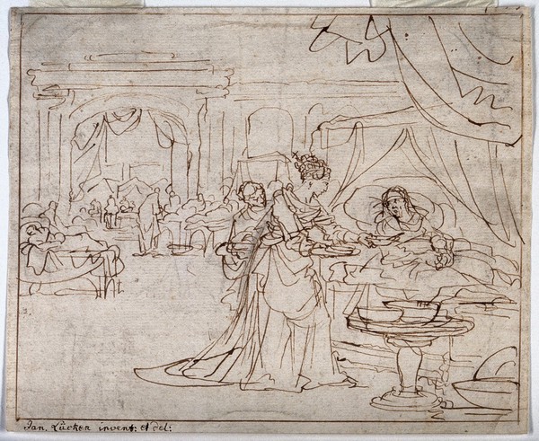 Saint Elizabeth of Hungary. Pen and ink drawing by J. Luyken.