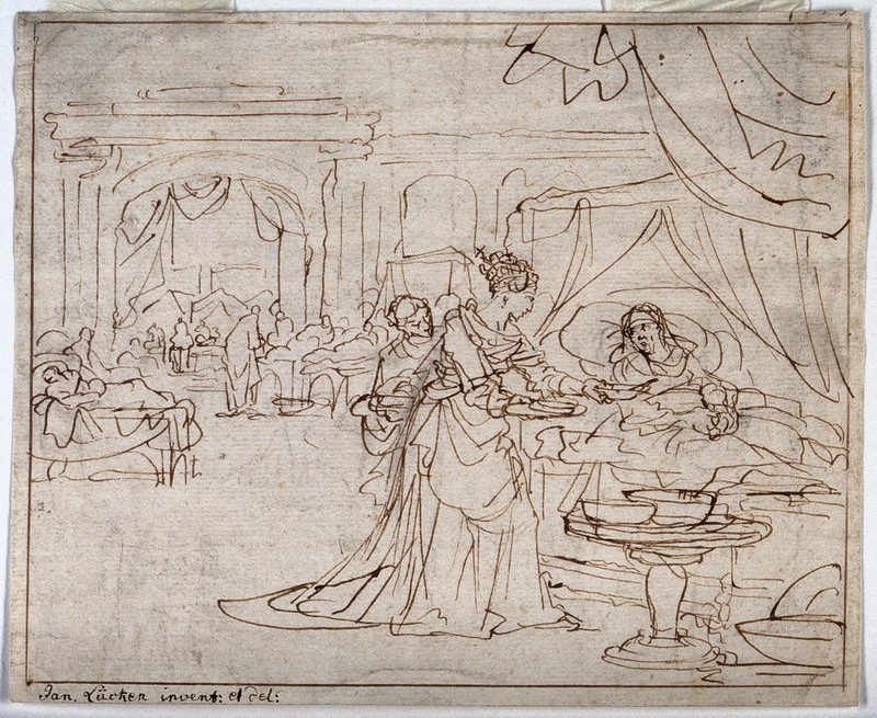 Saint Elizabeth of Hungary. Pen and ink drawing by J. Luyken., by Jan Luyken