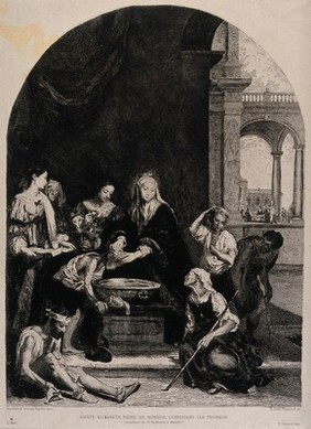 Saint Elizabeth of Hungary healing people with skin diseases. Etching by E. Saint Raymond after B.E. Murillo.