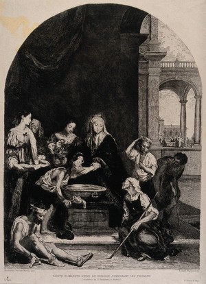 view Saint Elizabeth of Hungary healing people with skin diseases. Etching by E. Saint Raymond after B.E. Murillo.