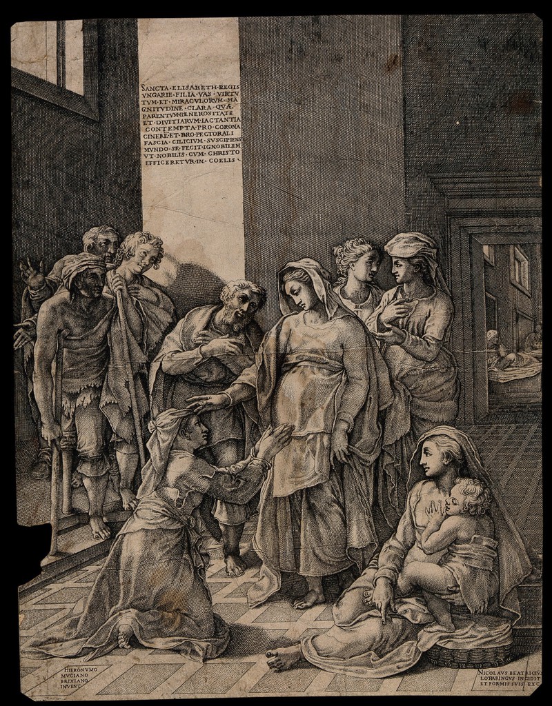 Saint Elizabeth of Hungary. Line engraving by N. Beatrizet after G. Muziano., by Girolamo Muziano