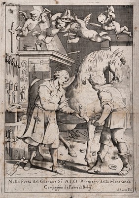 Saint Eligius: he reshoes the hoof of a horse by amputating the hock, shoeing the hoof, and reattaching the limb. Line engraving by "il Buono" (Floriano Dal Buono?).