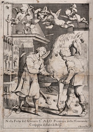 view Saint Eligius: he reshoes the hoof of a horse by amputating the hock, shoeing the hoof, and reattaching the limb. Line engraving by "il Buono" (Floriano Dal Buono?).