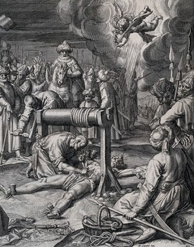 The martyrdom of Thiemo (Theodamarus) of Salzburg: his intestines are wound on to a windlass. Engraving by R. Sadeler I, 1615, after P. Candidus (Pieter de Witte).