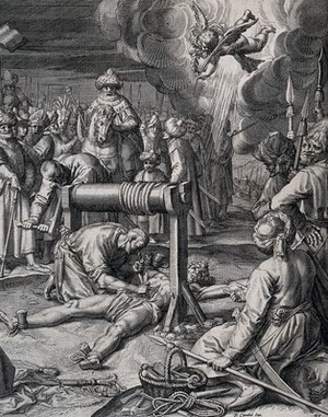 view The martyrdom of Thiemo (Theodamarus) of Salzburg: his intestines are wound on to a windlass. Engraving by R. Sadeler I, 1615, after P. Candidus (Pieter de Witte).