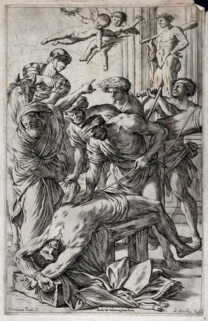 view Martyrdom of Saint Erasmus. Engraving by G.M. Mitelli after N. Poussin.