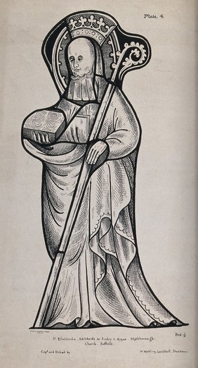 Saint Etheldreda (Aethelthryth, Audrey). Anastatic print by H. Watling.