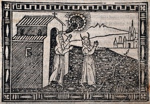 view Saint Eufrasia. Woodcut, 1558.