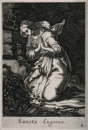 Saint Eugenia. Line engraving after (?) B.A. van Bolswert after A. Bloemaert.