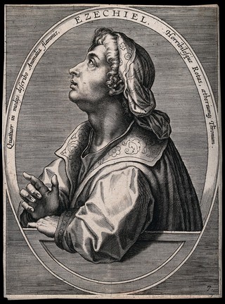 The prophet Ezekiel having a vision of God. Engraving by C. Galle I after J. van der Straet (Stradanus).