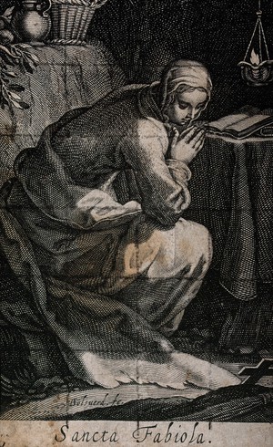 view Saint Fabiola, praying, looking at a cross. Engraving by B. van Bolswert after A. Bloemaert, 16--.