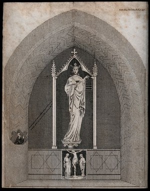 view Saint Faith, holding a gridiron, being addressed in prayer by a monk; the Crucifixion below. Etching after J. Schnebbelie, 1821.