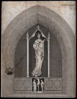 Saint Faith, holding a gridiron, being addressed in prayer by a monk; the Crucifixion below. Etching after J. Schnebbelie, 1821.