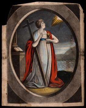 A woman personifying faith, by the sea, holding a cross and a chalice. Coloured mezzotint, 17--.