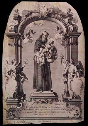 view Saint Felix of Cantalice, holding the infant Christ, under a canopy, surrounded by angels. Etching by J.E. Nilson, 17--.