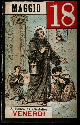 Saint Felix of Cantalice, wearing the Capuchin dress, two children praying at his feet. Colour lithograph, 18--.