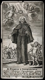 The Blessed (subsequently Saint) Fidelis of Sigmaringen wearing the Capucin dress and holding a cross, being crowned by cherubs; his martyrdom in the background. Engraving by M. Engelbrecht, 17--.