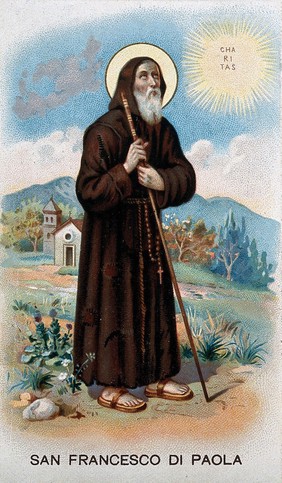 Saint Francis of Paula holding his walking stick and looking at the sun; church and mountains in the background. Colour lithograph, 1898.